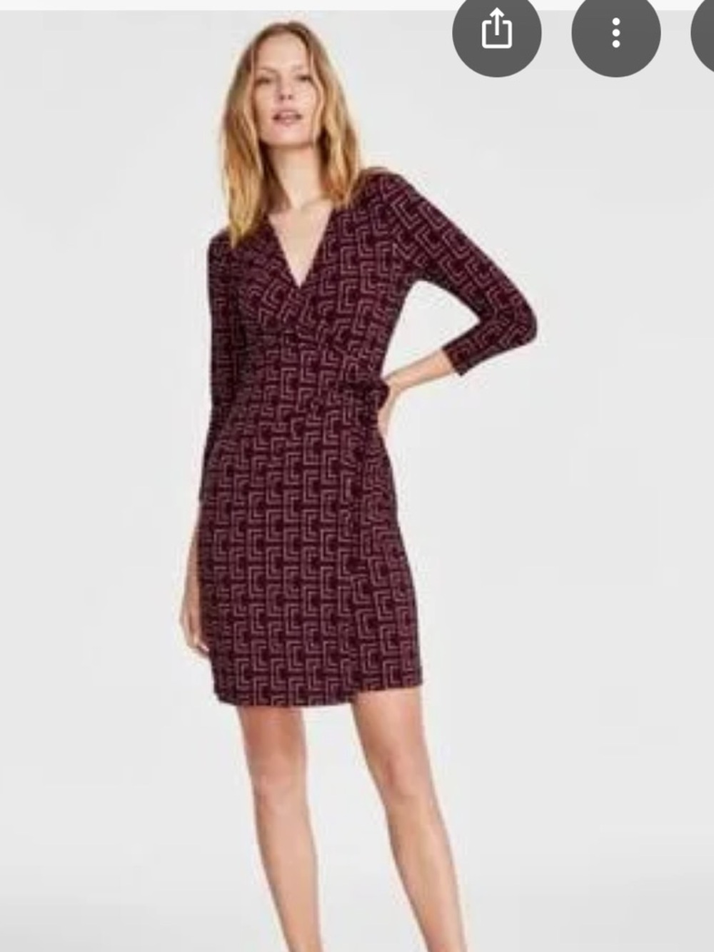 Women’s Burgundy Patterned Faux Wrap Long Sleeve Dress